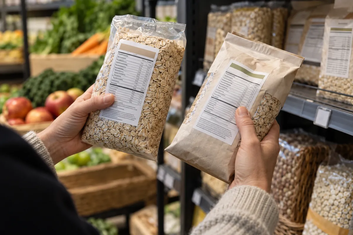 Porównywanie etykiet dwóch opakowań produktów zbożowych w sklepie